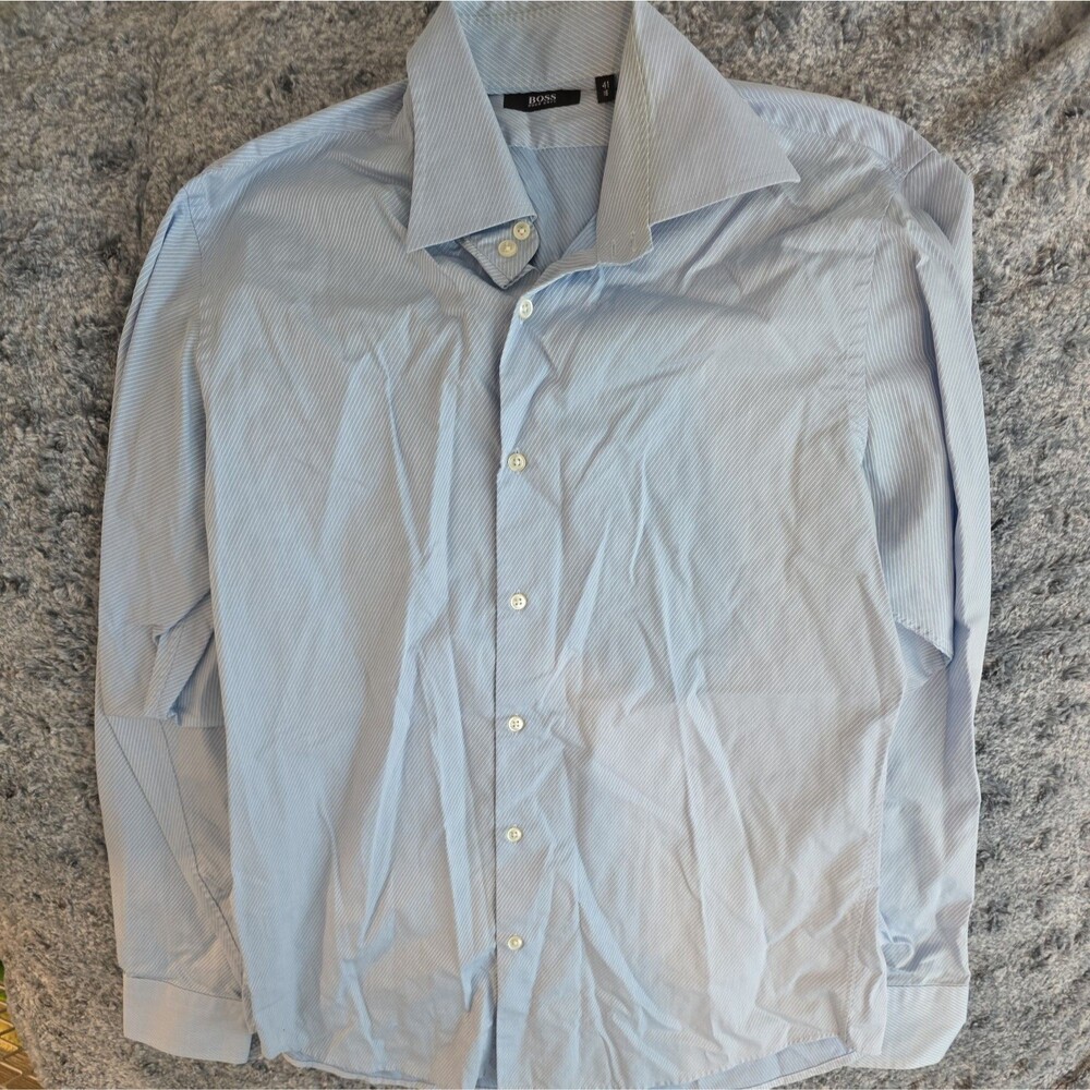 Boss Hugo Boss Men’s Blue and White Striped Long Sleeve Button Dress Shirt 41